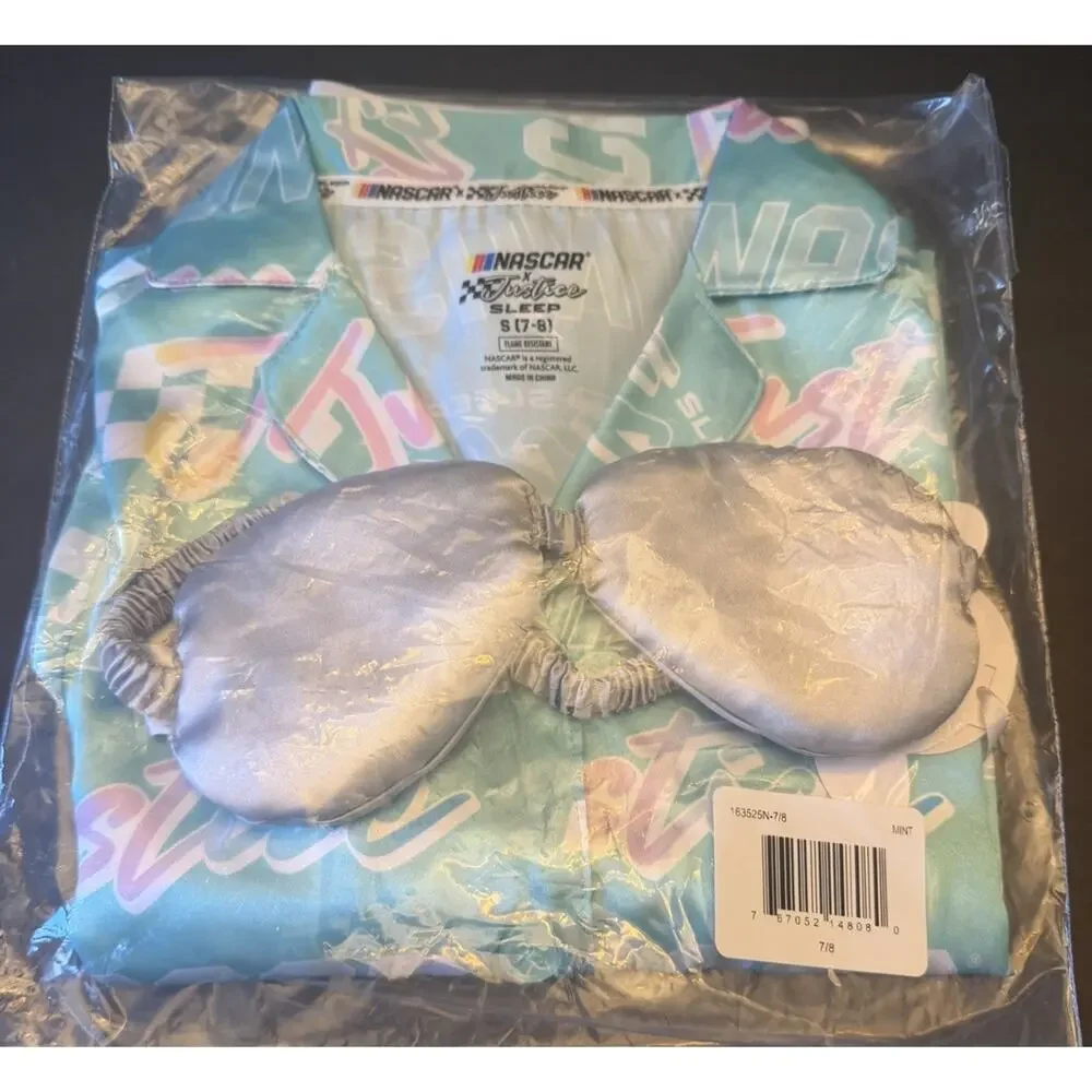 NWT NASCAR + Justice Girls S(7/8) Pajama Lounge 3pc Shorts Shirt Mask Sleep Set